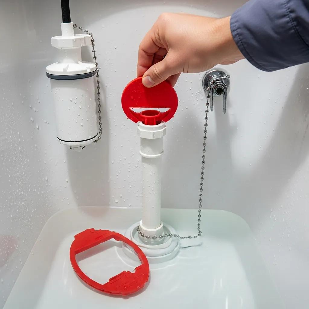 Close-up of a hand replacing a toilet flapper in a tank