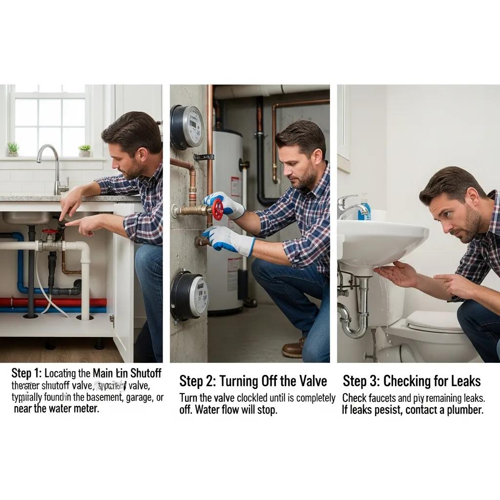 Homeowner following emergency water shut-off procedure in a kitchen, demonstrating practical steps