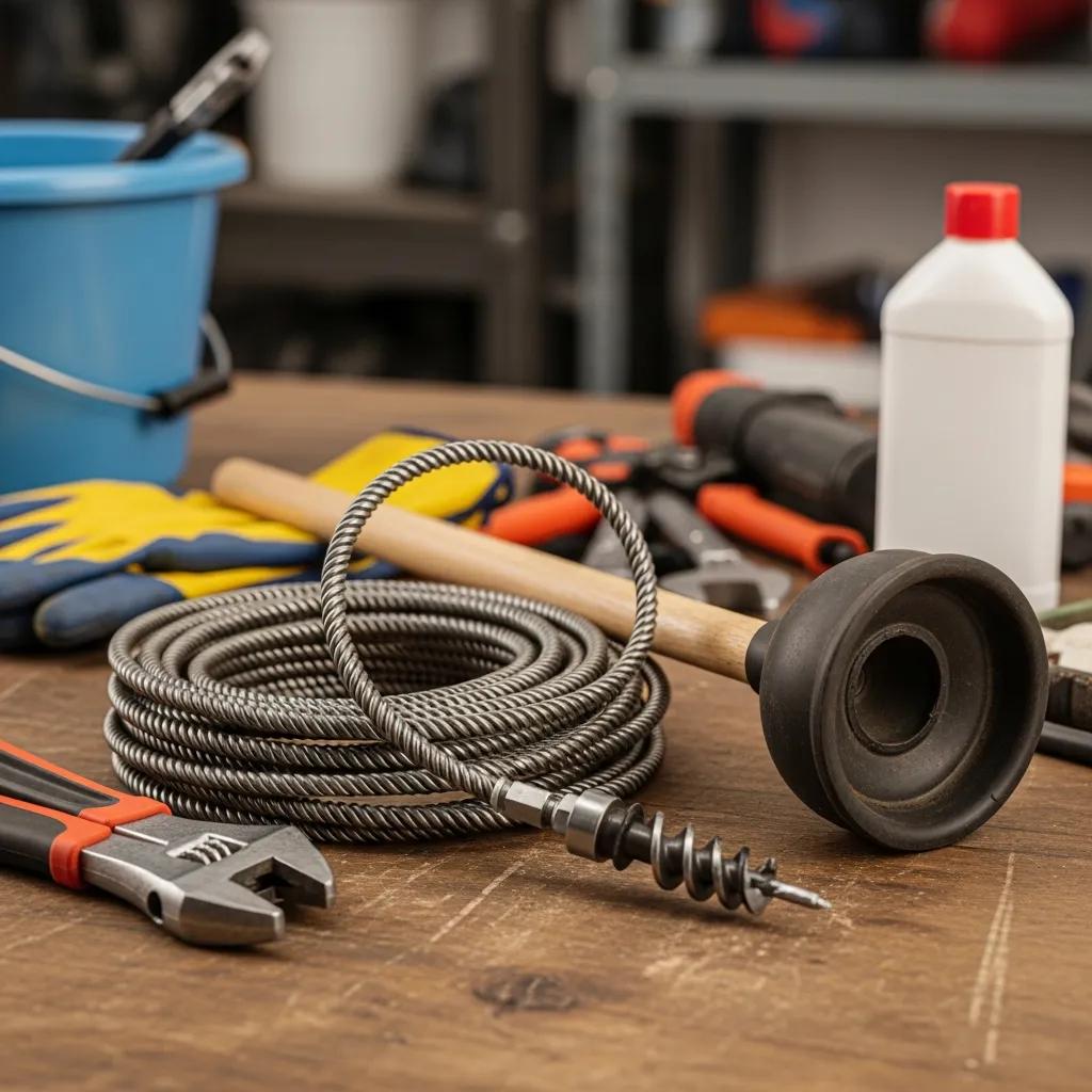 Mechanical tools for plumbing, including a drain snake and plunger, ready for unclogging drains
