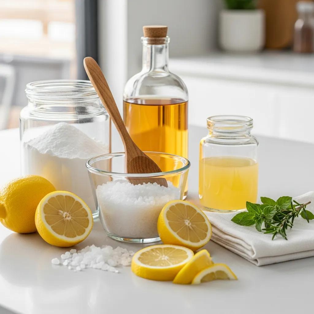 Natural cleaning ingredients for unclogging drains, including baking soda, vinegar, salt, and lemon juice