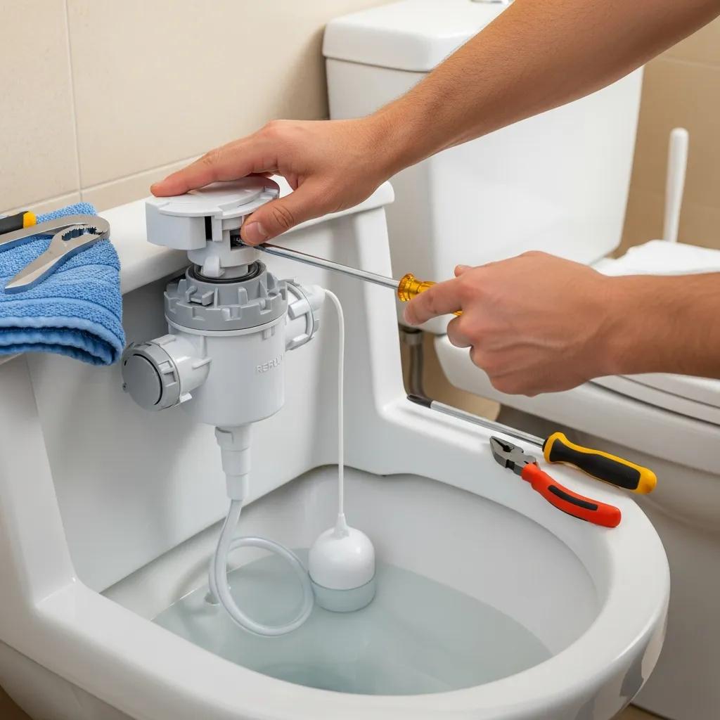 Person adjusting a toilet fill valve in a bathroom setting