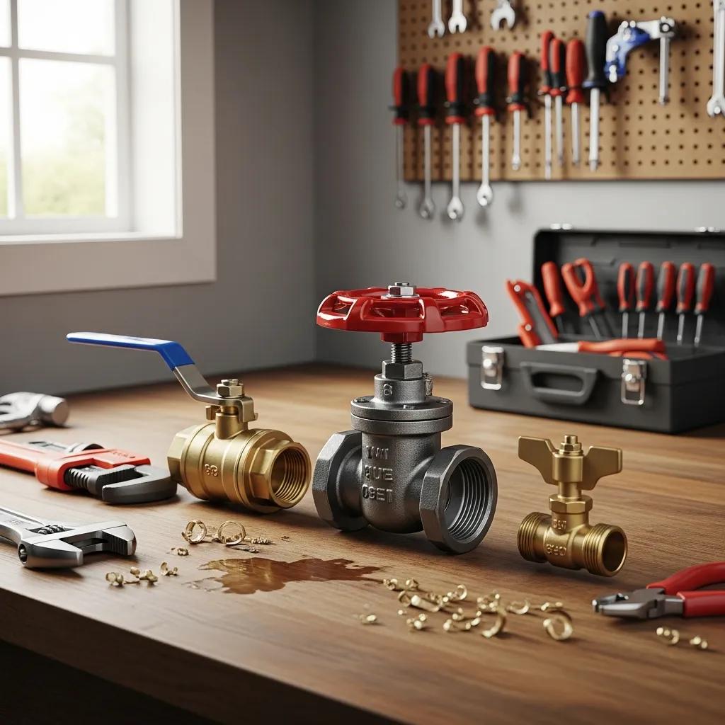 Various types of water shutoff valves displayed on a workbench, showcasing plumbing tools