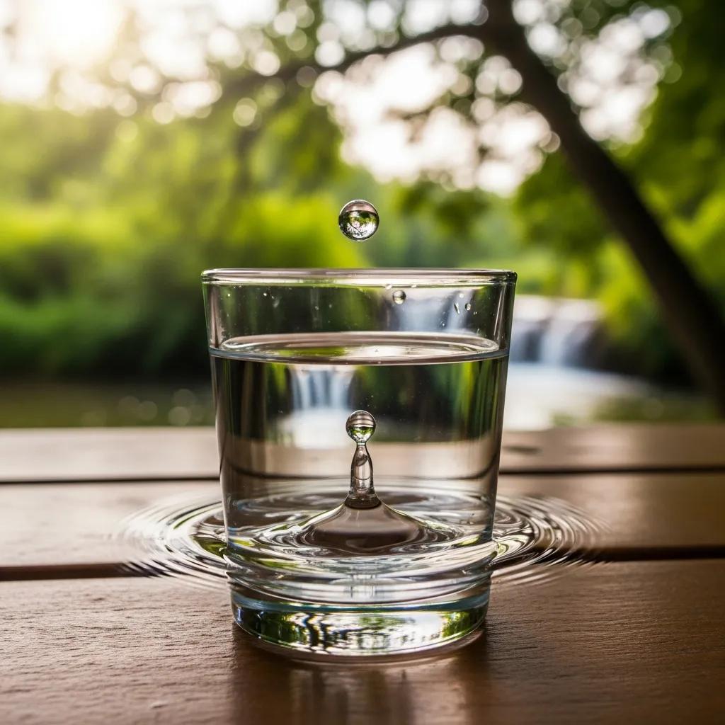 Water droplet falling into a glass, symbolizing conservation and the impact of fixing leaks