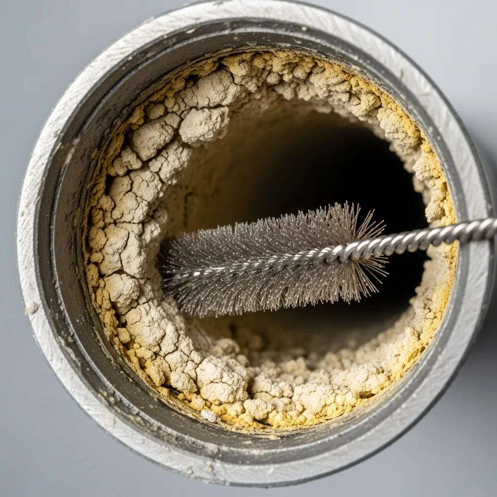 Close-up of a clogged pipe with mineral buildup affecting water flow