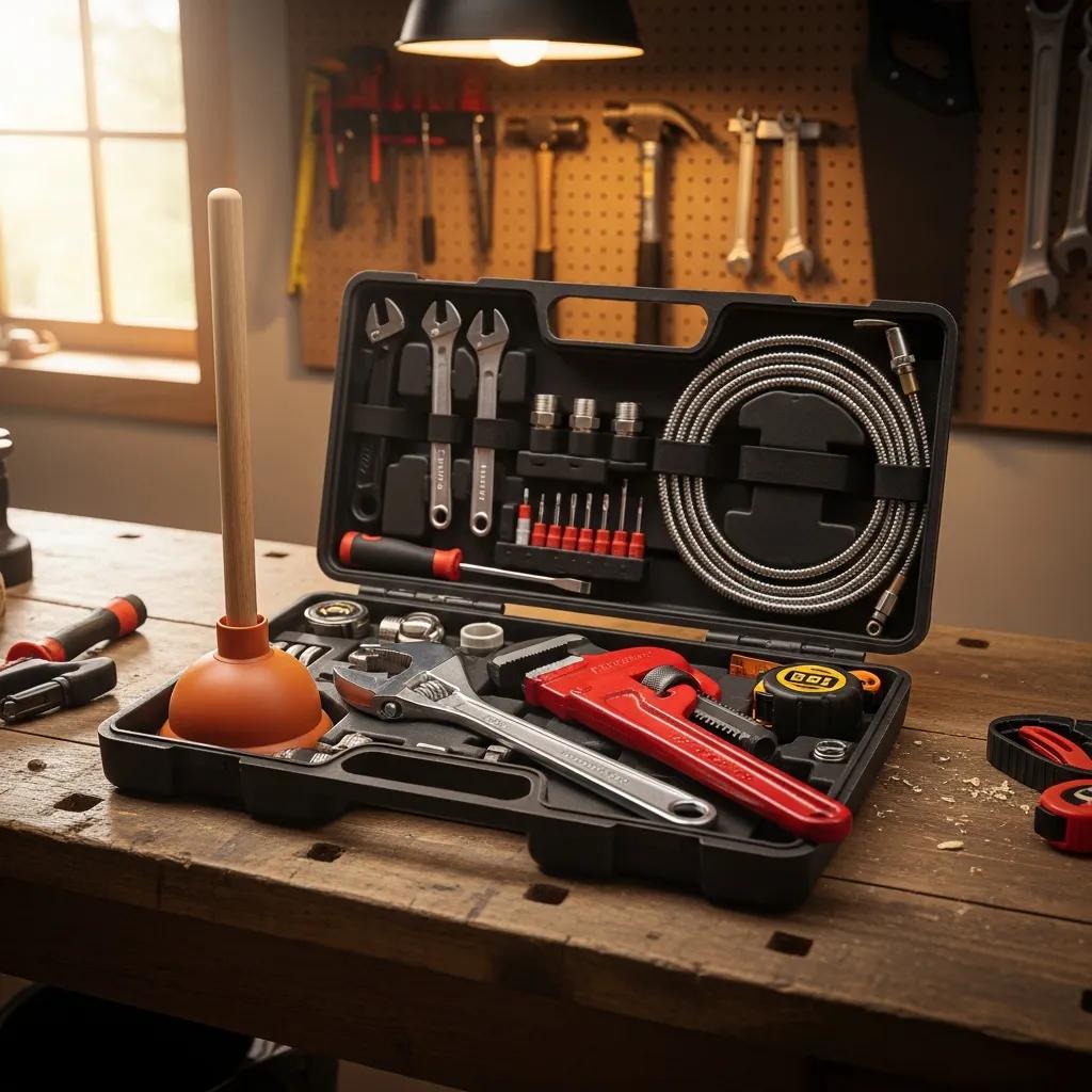 Essential plumbing tools including an adjustable wrench, plunger, and pipe wrench in a well-organized toolkit