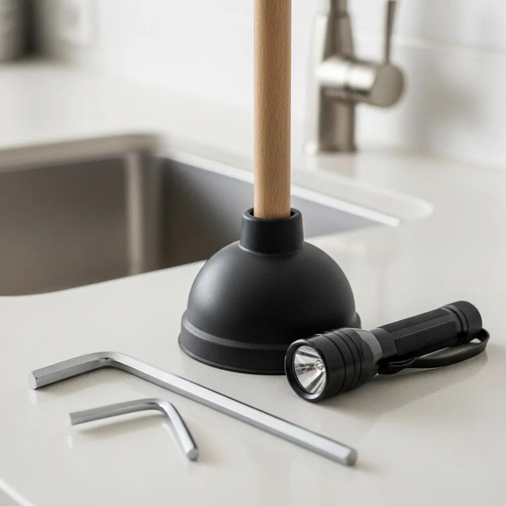 Essential tools for unclogging a garbage disposal, including a plunger and Allen wrench
