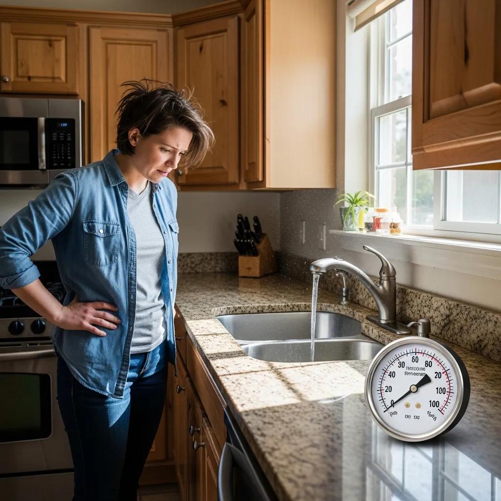 Homeowner checking water pressure gauge in a kitchen with low water flow