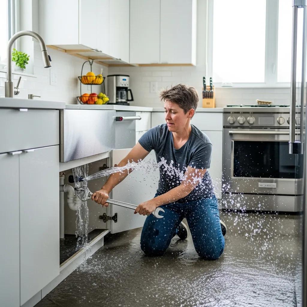 Homeowner dealing with a plumbing emergency in a modern kitchen