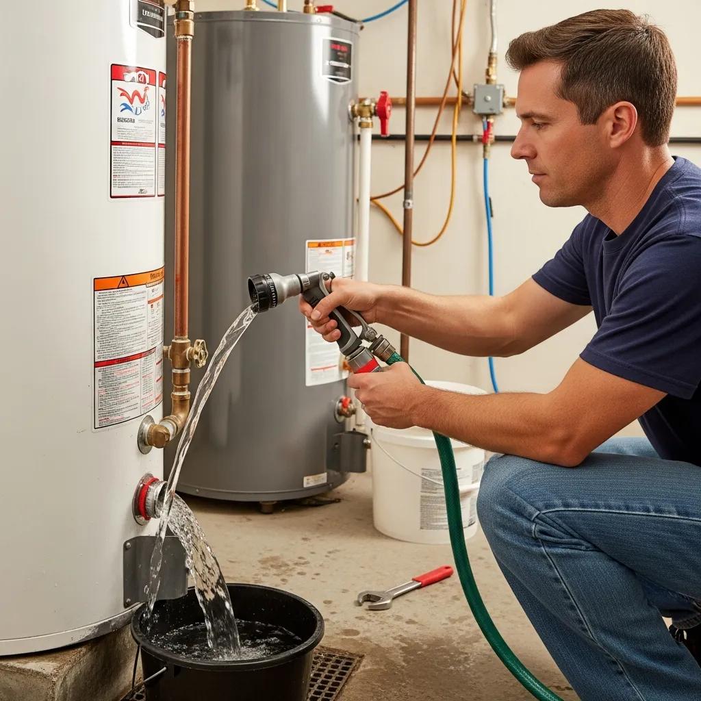 Homeowner flushing a water heater with a garden hose