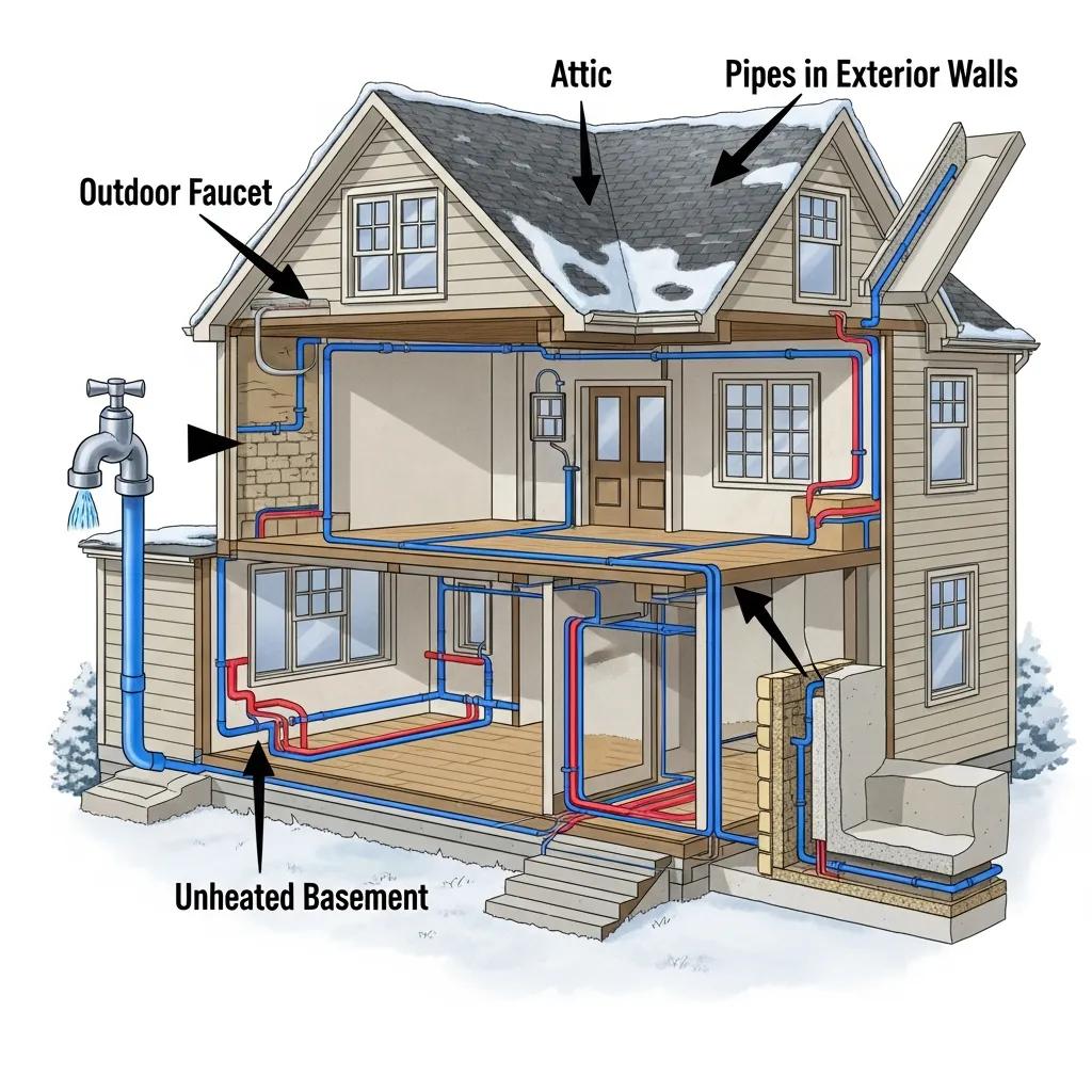 Illustration of a house showing vulnerable areas for frozen pipes, including outdoor faucets and unheated spaces