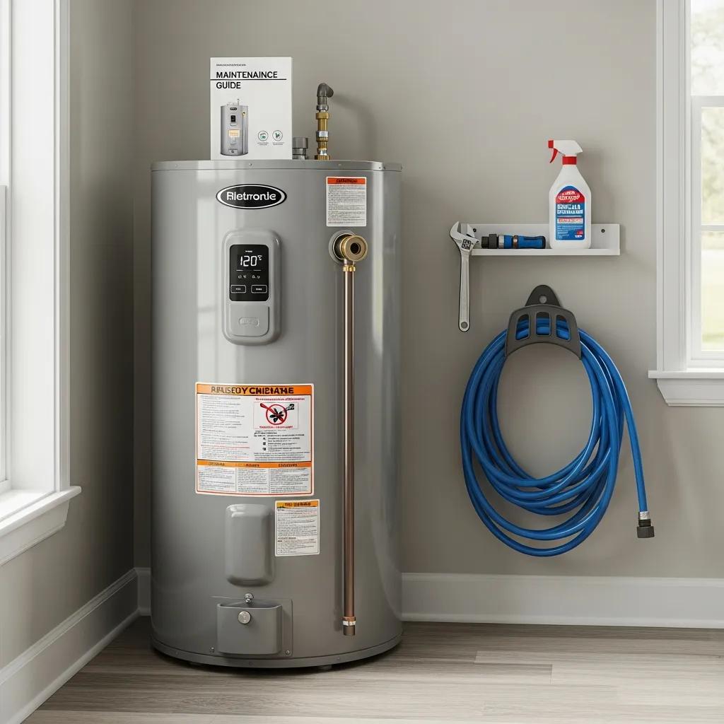 Modern water heater with maintenance tools in a home setting