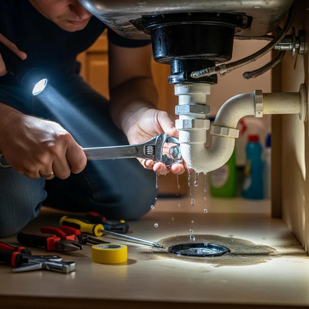 Person inspecting a leaking garbage disposal under a kitchen sink, highlighting repair techniques