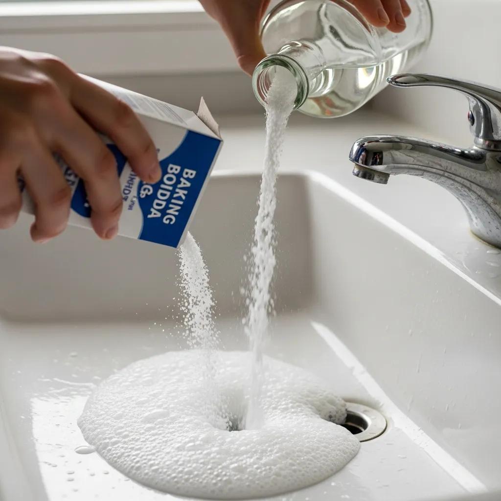 Person using baking soda and vinegar to unclog a bathroom sink drain