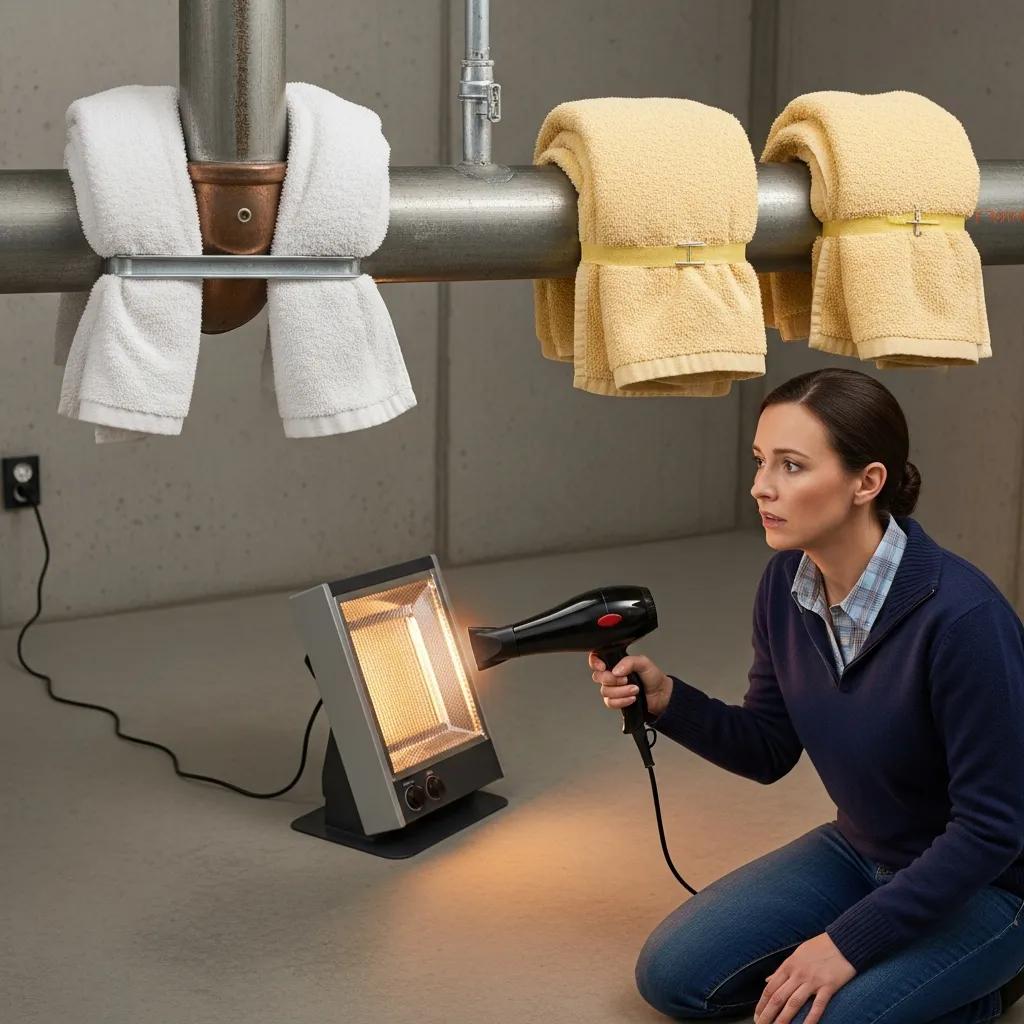 Person using safe thawing techniques on frozen pipes, including a hair dryer and warm towels